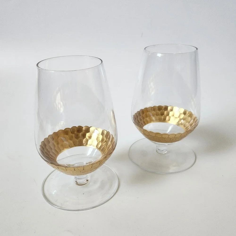 Fitz Floyd Short Stem Wine Goblet Glasses Set of 2 Gold Tone Hammered Honeycomb